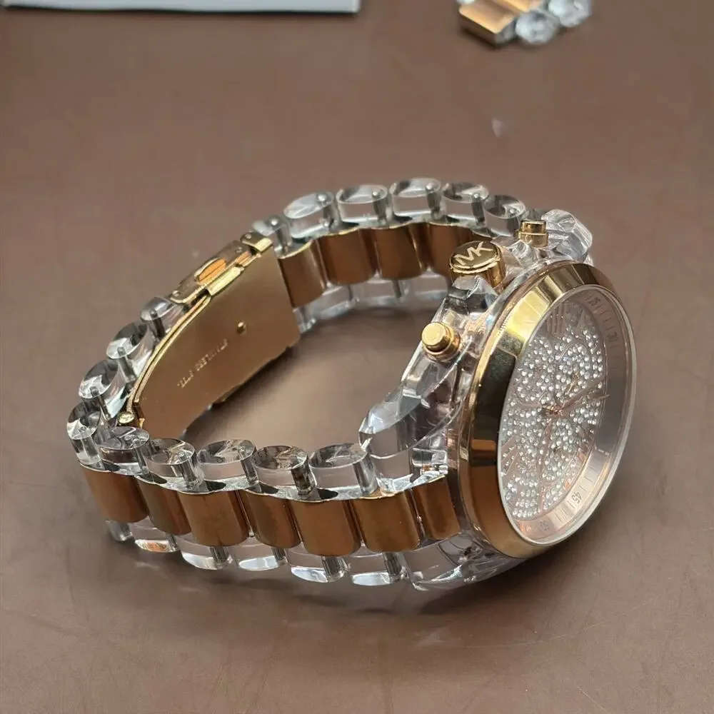 Michael Kors Chronograph Bradshaw Clear Acrylic Bracelet Rose Gold Watch MK5905
